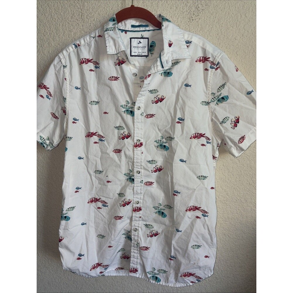 Denim & Flower Fish Tropical Hawaiian Shirt  Short Sleeve Button Slim M Mens
